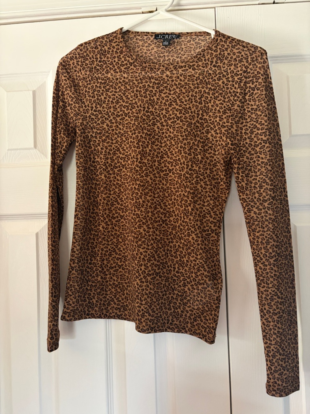 J. Crew Leopard Print Long-Sleeve, Sheer, Crewneck Top - Brown/Black